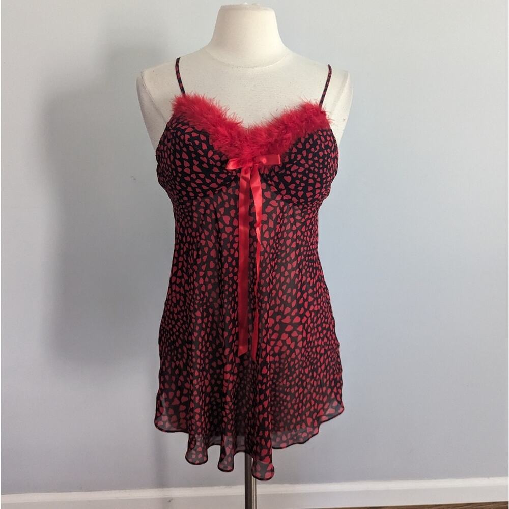 Vintage Women's Inner Most Feather Red Boa and Hearts Slip Pajama Medium 90s - Picture 2 of 7